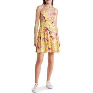 New ABOUND NORDSTROM Pink-Yellow Painted Floral V-Neck Skater Dress Size L
